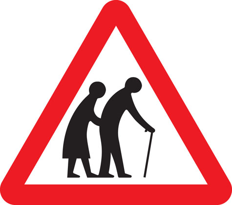 warning sign frail pedestrians cross road ahead